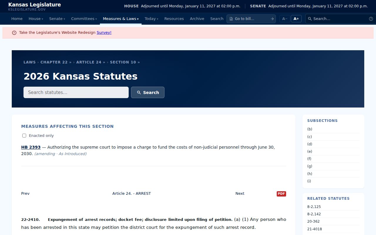 Kansas arrest-record expungement statute for criminal docket access